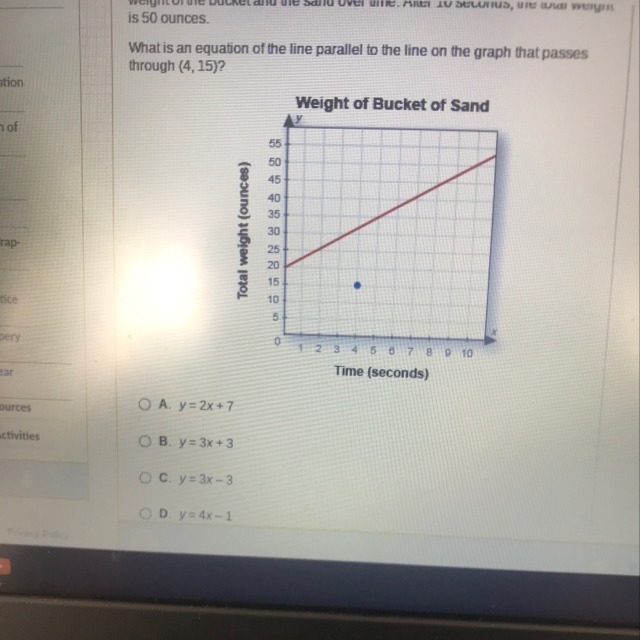 What is the equation of the parralel line to the line that passes through (4, 15)?-example-1