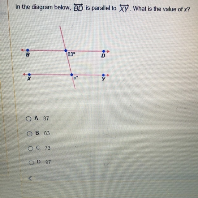 In the diagram below, BD is parallel to XY. What is the value of x?-example-1