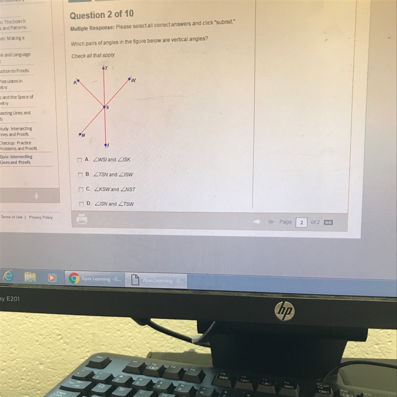 Help which pairs of angles in the figure below are vertical angles-example-1