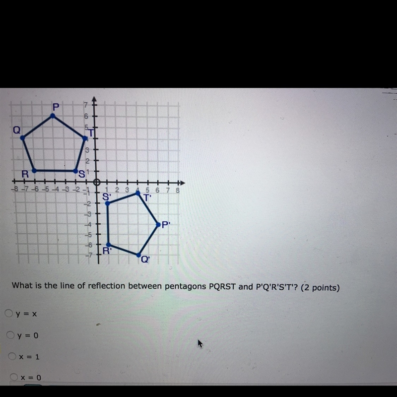 What is the line reflection between pentagons PQRST & P'Q'R'S'T'-example-1