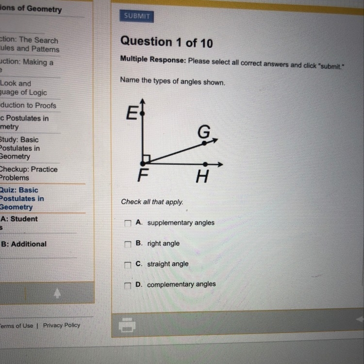 Answer choices A. supplementary angles B. right angle C. straight angle D. complementary-example-1