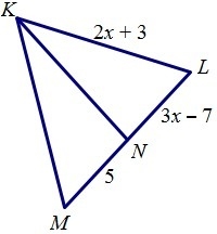 If line KN is a median of triangle KLM, find KL.-example-1