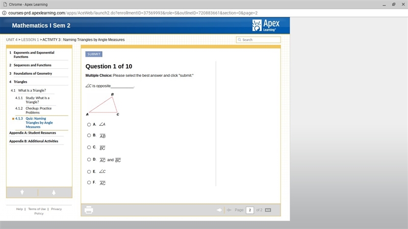 <C is opposite______. A. <A B. AB C. BC D. AC and BC E. <C F. AC-example-1