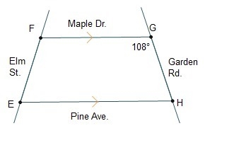 In trapezoid EFGH, EF ≅ HG. What is the measure of the angle between Elm Street and-example-1