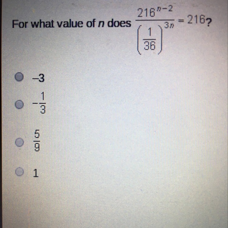 For what value of n does 216^n-2/(1/36)^3n= 216-example-1