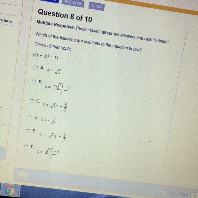 Which of the following are solutions to the equation below? (2x+3)^2=11-example-1