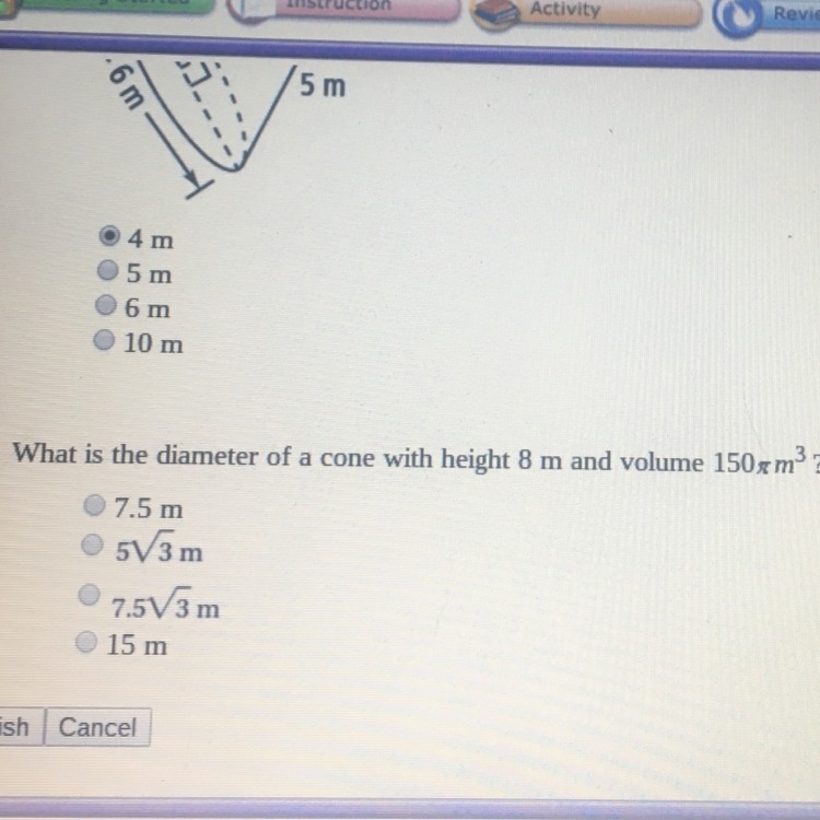 What is the diameter of a cone with height 8 m and volume 150xm3?-example-1