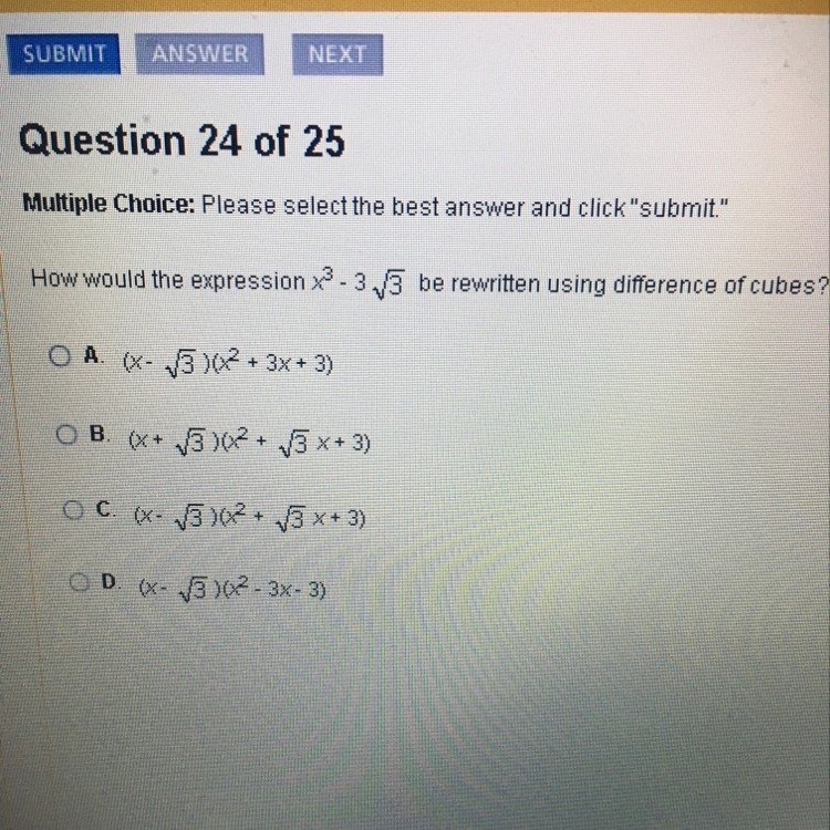 How would the expression x^3-3sqrt(3) be rewritten using difference of cubes?-example-1