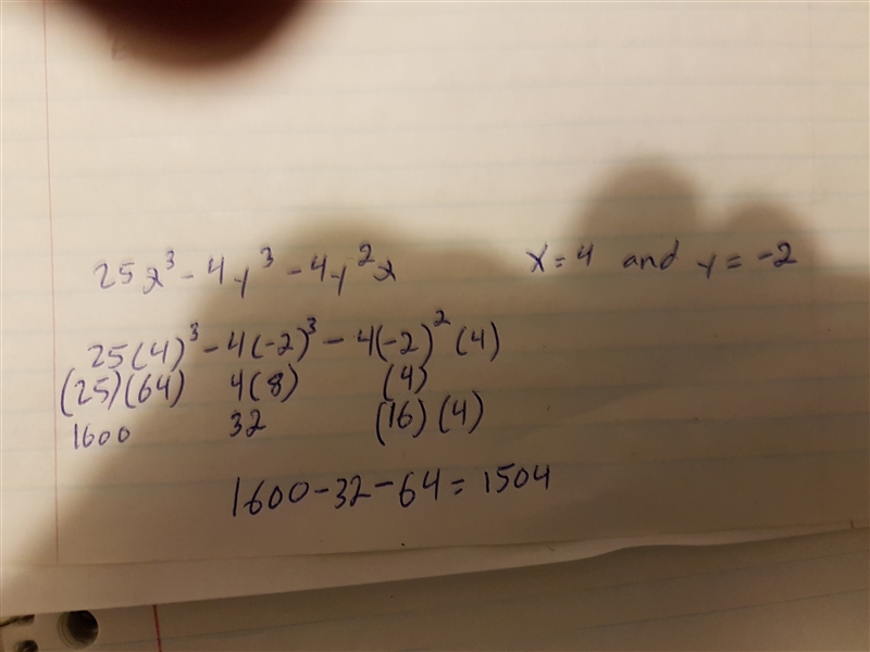 Hi everyone! I am trying to solve this expression and i just can't get it right!! :(... 25(4)³ - 4(-2)³ - 4(-2)² (4) I-example-1