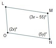 In parallelogram LMNO, what are the values of x and y? x = 11, y = 14 x = 11, y = 25 x-example-1