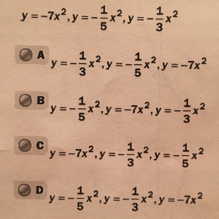 Quadratic functions from widest to narrowest graph?-example-1