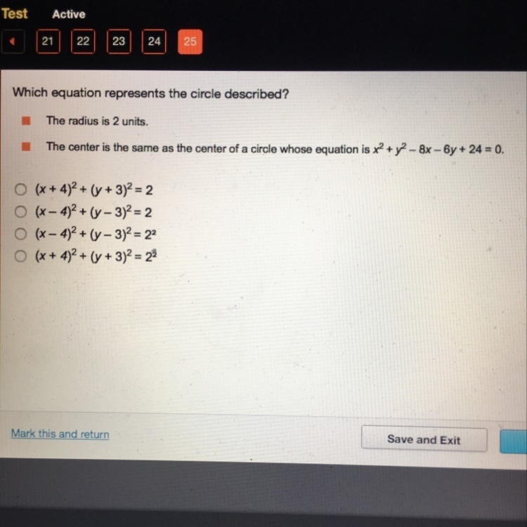 Which equation represents the circle described PLEASE HELP!-example-1