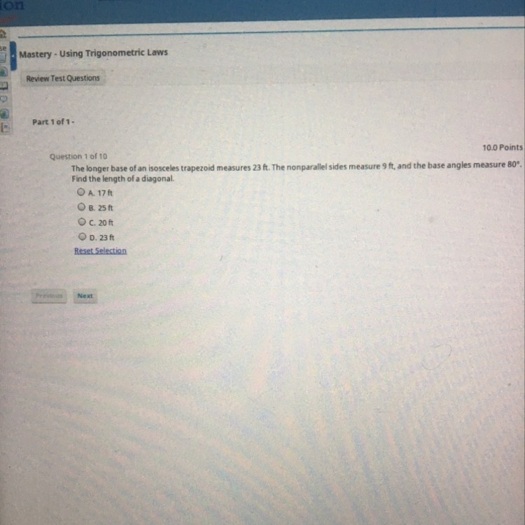 Pleaseee help. The longer base of an isosceles trapezoid measures 23 ft. The nonparallel-example-1