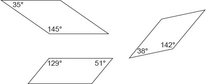 Chloe draws three parallelograms. In each figure, she measures a pair of angles, as-example-1