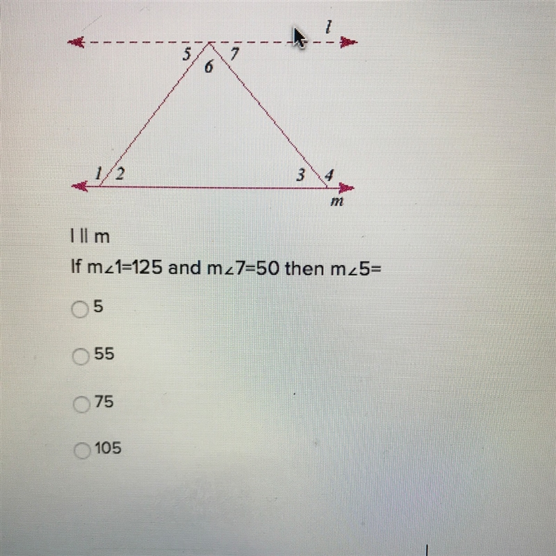 If m1=125 and m7=50 then m5=? A. 5 B. 55 C. 75 D. 105-example-1