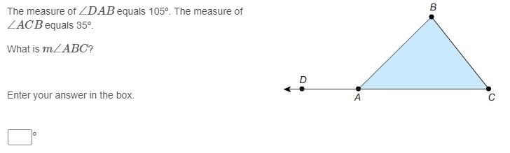 The measure of ∠DAB equals 105º. The measure of ∠ACB equals 35º. What is m∠ABC?-example-1