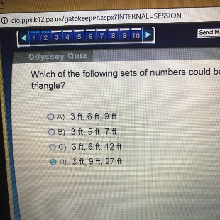 Which of the following sets of numbers could be lengths of the sides of a triangle-example-1