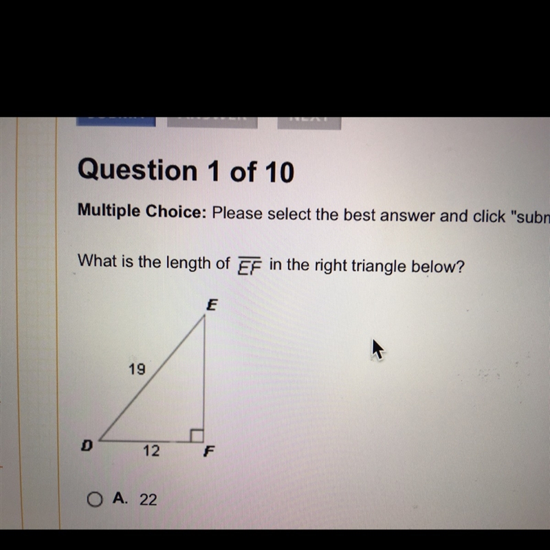 What is the length of EF in the right triangle below? a: 22 b: 505 c. 217 d. Square-example-1