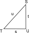 In triangle STU, u2 = s2 + t2. Which equation is true about the measure of the angles-example-1