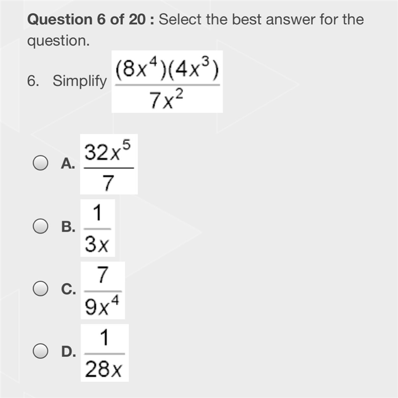 Simplify (8x^4)(4x^3)/7x^2.-example-1