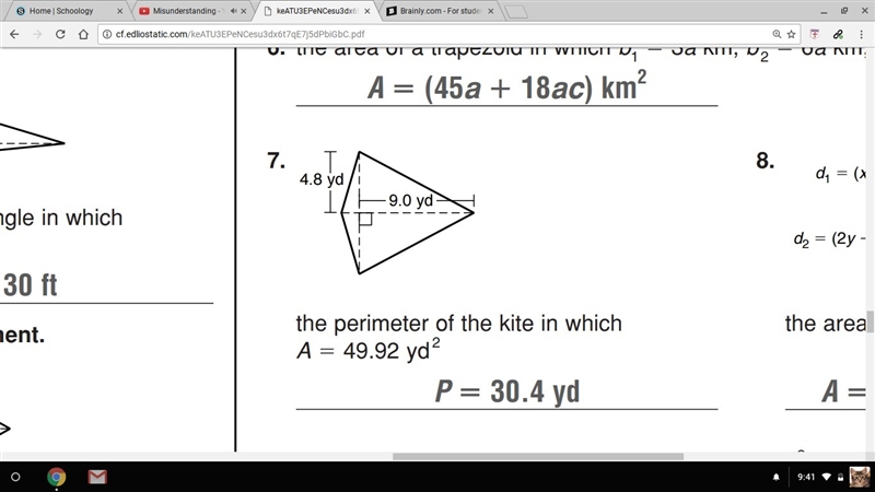 The perimeter of the kite in which A= 49.92yd2 The answer is on this file but I want-example-1