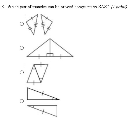 3. Which pair of triangles can be proved congruent by SAS? 4. Which pair of triangles-example-1