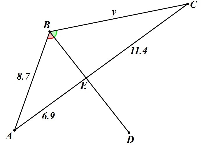 In ΔABC, BD bisects ∠ABC. Find y to the nearest tenth. A. 5.3 B. 14.4 C. 13.2 D. 9.6-example-1