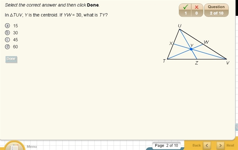 In triangle TUV, Y is the centroid. If YW=30, what is TY?-example-1