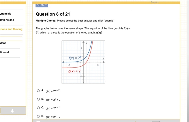 The graphs below have the same shape. The equation of the blue graph is f(x) = 2x-example-1