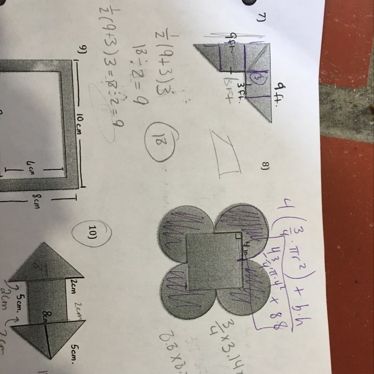 I need help finding the area of these 2 - the writing in purple is what my teacher-example-1