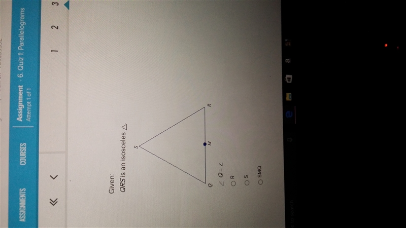 Given: QRS is an isosceles triangle < Q = < ?-example-1