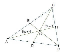 Point G is the centroid of triangle ABC. AG = (5x+4) units and GF= (3x-1) units. What-example-1