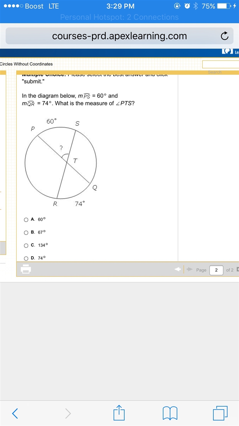 In the diagram below, m = 60 and m = 74. What is the measure of PTS?-example-1