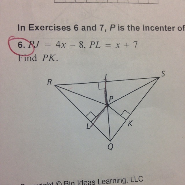 P is the incenter of QRS. Use the given information to determine find the indicated-example-1