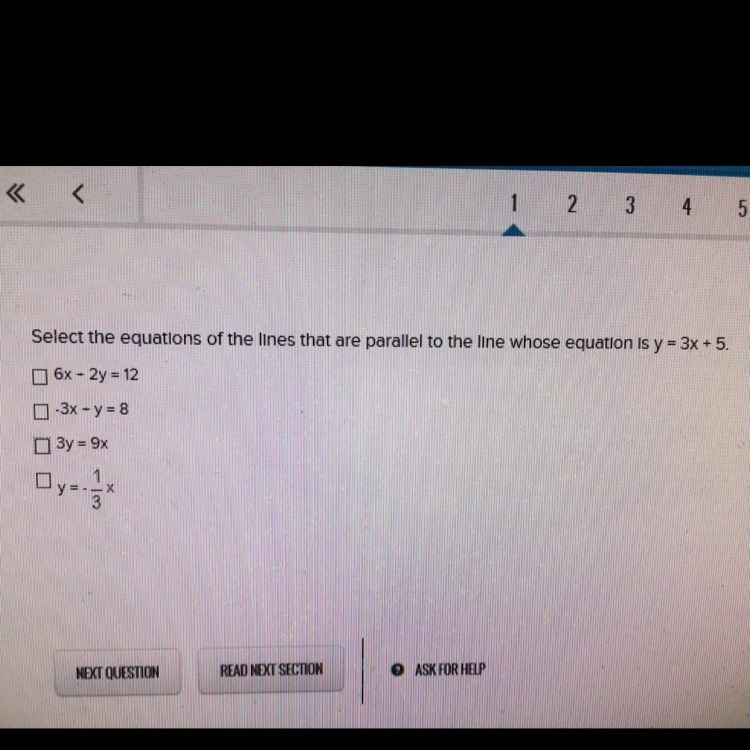 Select the equations of the lines that are parallel to the line whose equation is-example-1