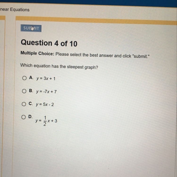 Which equation has the steepest graph-example-1