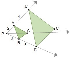 (GEOMETRY)Is triangle A'B'C' a dilation of triangle ABC? A. Yes, it is an enlargement-example-1