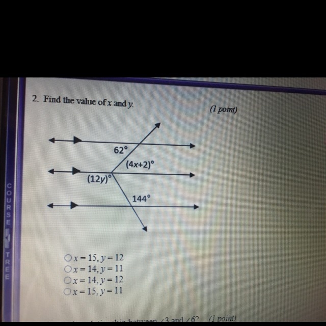 Find the value of x and y. (1 point) I need help ASAP-example-1