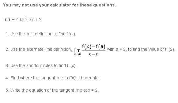 F(x)=4.5x2–3x+2 ___ Use the limit definition to find f ′(x). Use the alternate limit-example-1