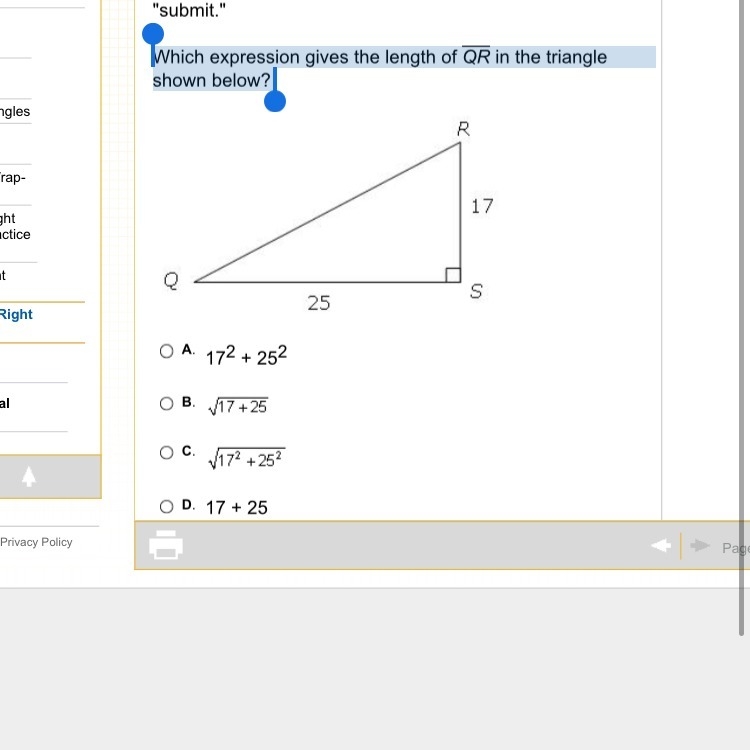 Which expression gives the length of QR in the triangle shown below?-example-1