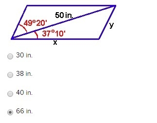 A diagonal of a parallelogram is 50 inches long and makes angles of 37°10' and 49°20' with-example-1