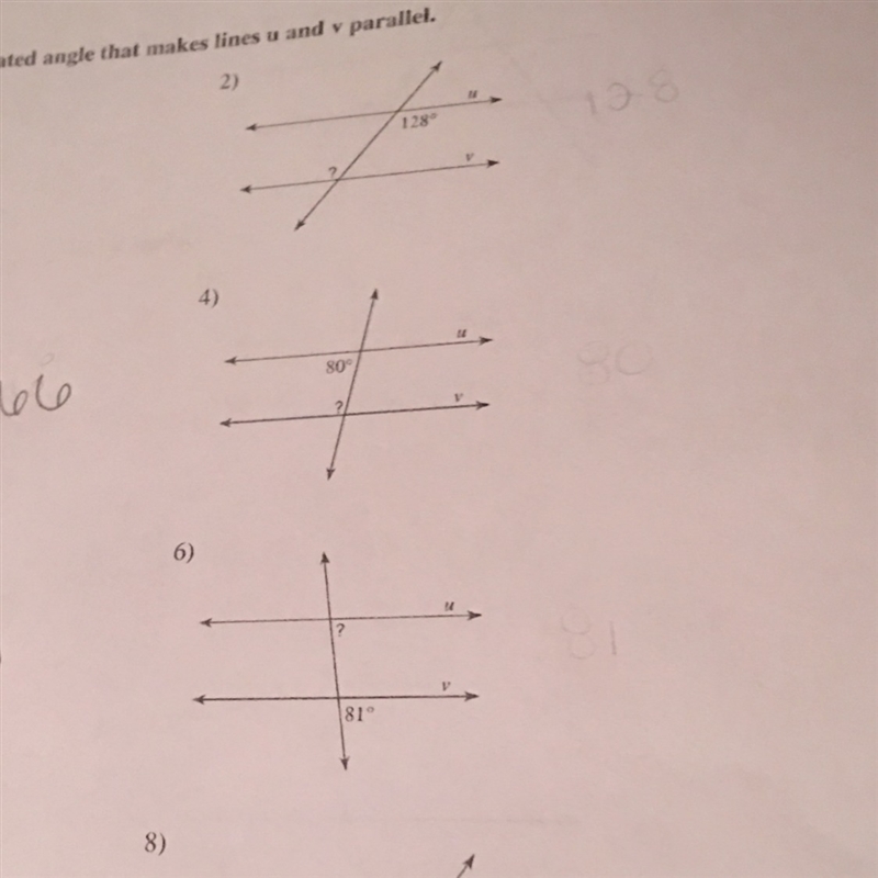 2,4,6? Find the measure of the indicated angle that makes lines u and g parallel.-example-1