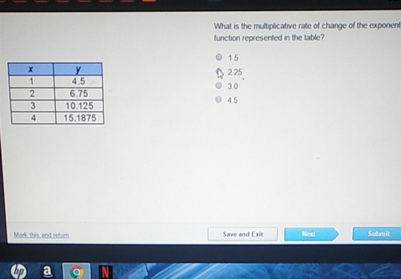 What is the multiplicative rate of change of the exponential function represented-example-1