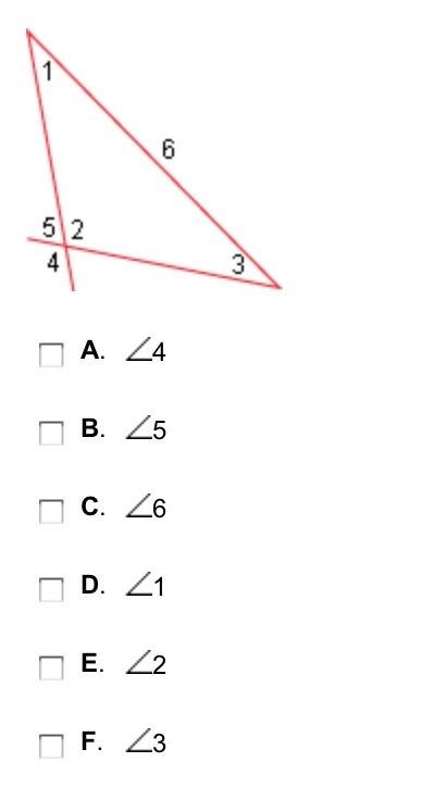 Which of the following are exterior angles? Check all that apply.-example-1