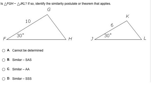 Is FGH ~ JKL? If so, identify the similarity postulate or theorem that applies.-example-1