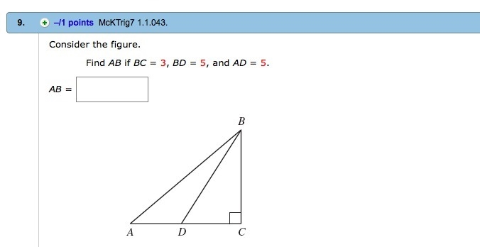 Consider the figure. Find AB if BC = 3, BD = 5, and AD = 5. AB= ?-example-1