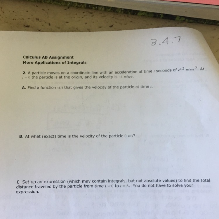 A particle moves on a coordinate line with an acceleration at time t seconds of e-example-1