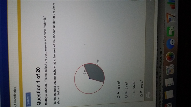 To the nearest square inch, what is the area of the shaded sector in the circle shown-example-1