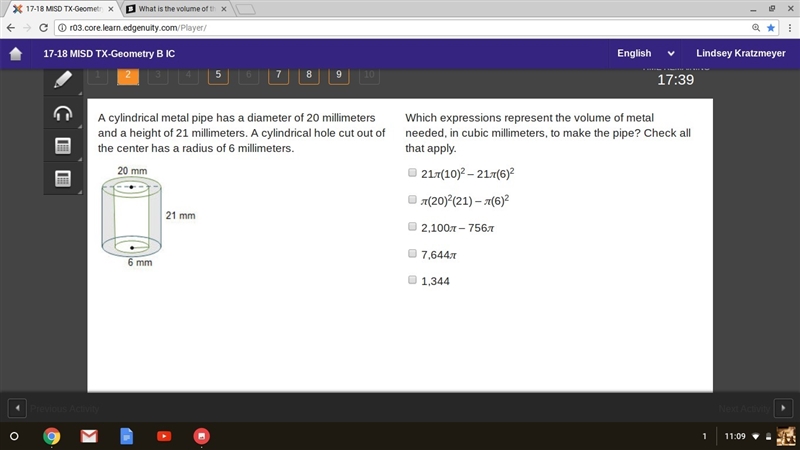 Which expressions represent the volume of metal needed, in cubic millimeters, to make-example-1