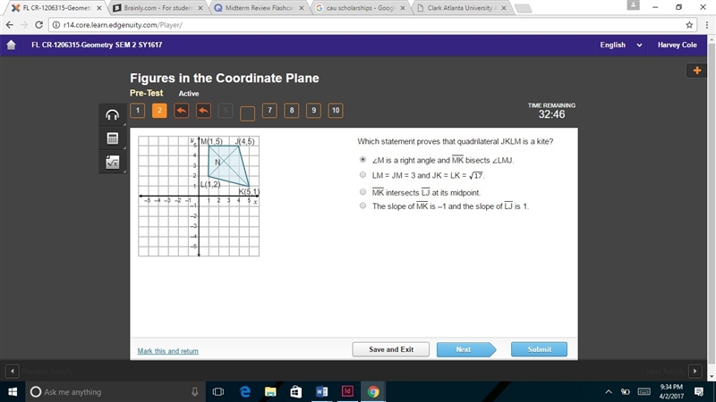 Which statement proves that quadrilateral JKLM is a kite? Im stuck on this one-example-1